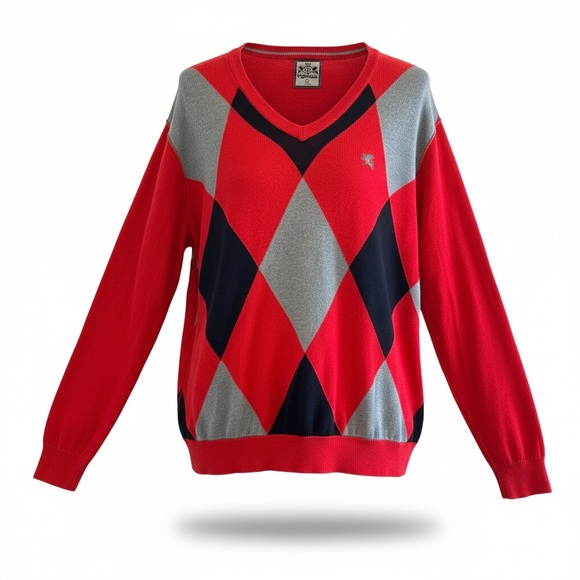 Express Other - VTG 90s Express Men XL Red/Black/Gray Argyle V-Neck Sweater Cotton Retro Preppy